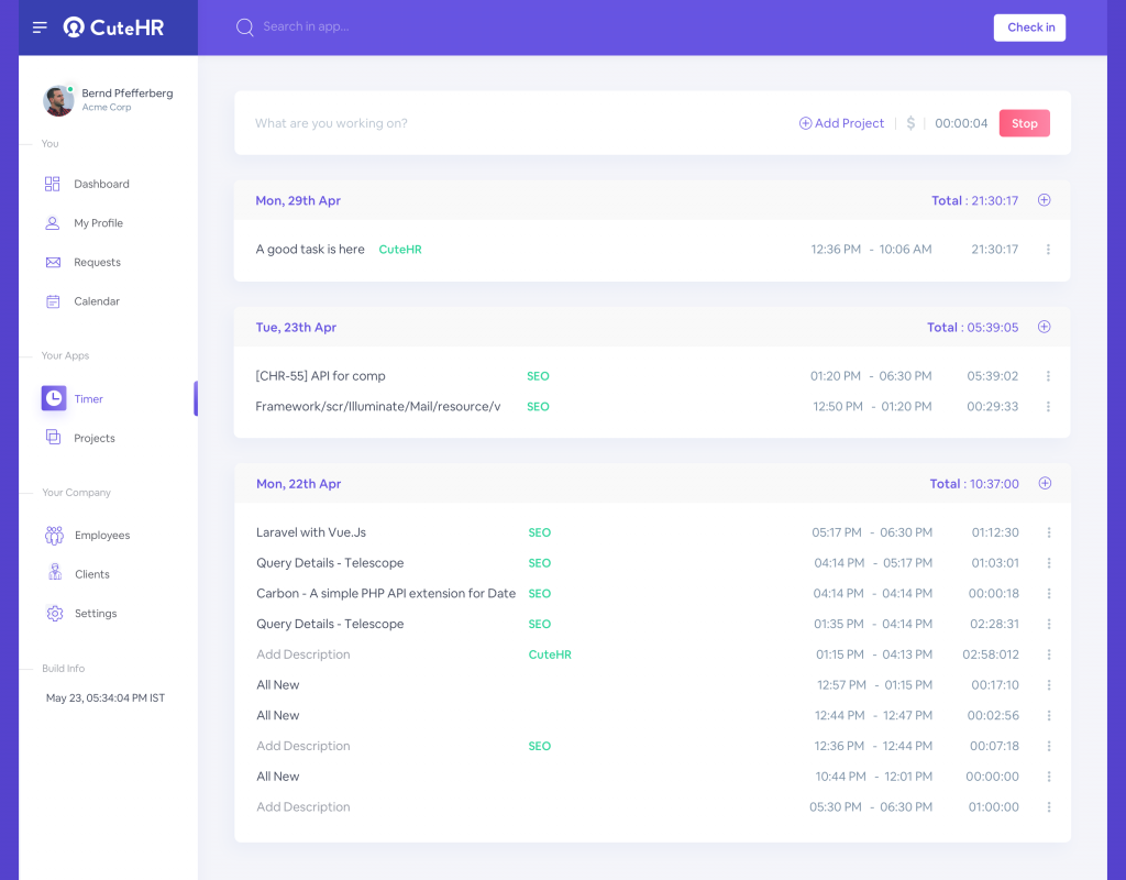 Time Tracker tool - CuteHR