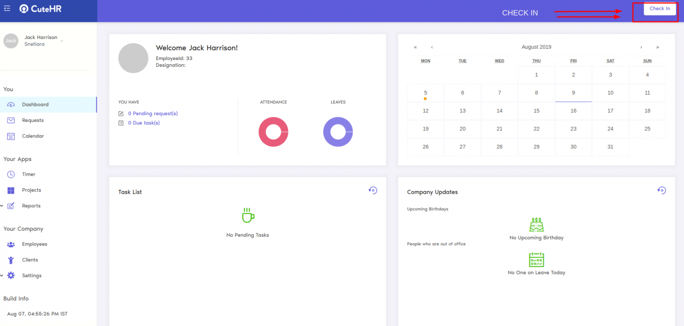 check in dashboard for work hours tracker