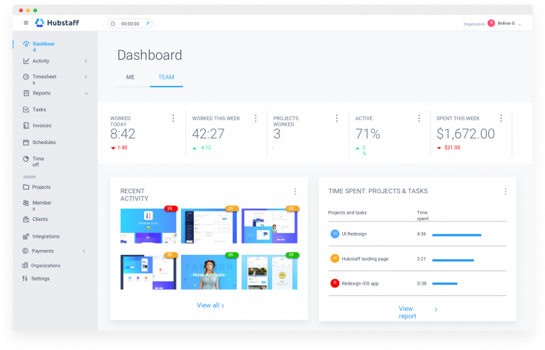 hubstaff dashboard preview