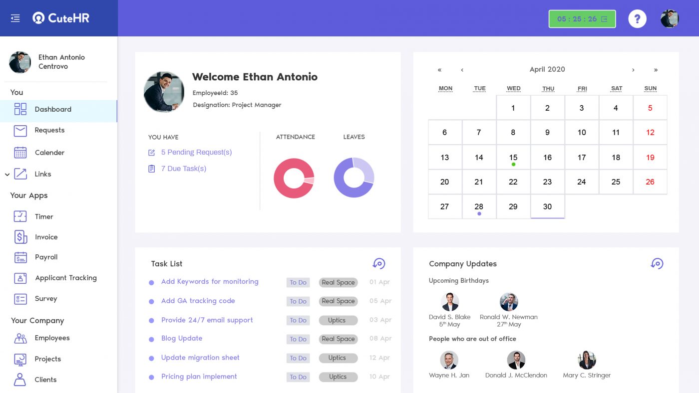 CuteHR Homepage dashboard